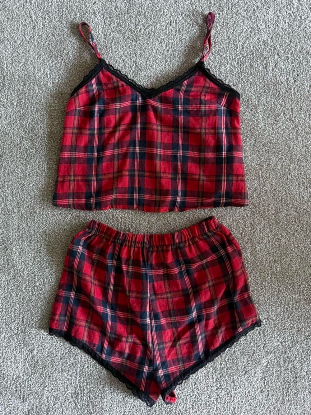 red plaid flannel pajama shorts set 🧸